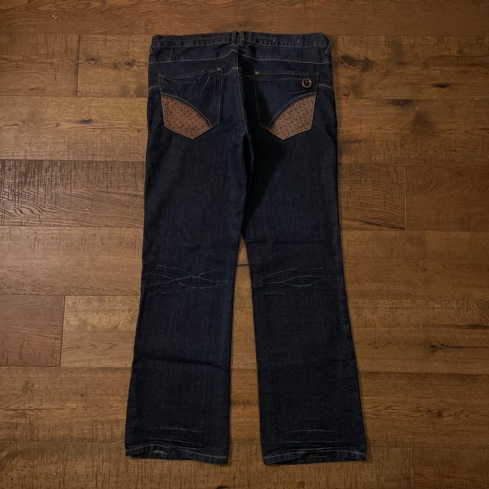 Guess Jeans Men 38x34 Indigo Y2K Grunge Whiskered Leather Monogram Button Fly